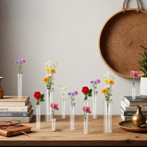BrightRow 100 Pcs Flower Water Tubes with Caps Multisize Clear Plastic Floral Vials Holder for Single Stem Roses, Buds, Bouquets Fresh Flower Floral Picks Arrangement Centerpieces Decoration, 4 Size
