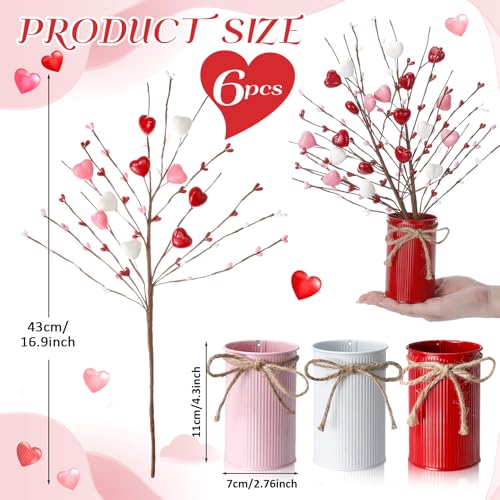 Zeyune 3 Sets Mother's Day Heart Berry Table Centerpiece, 6 Artificial Heart Berry Stems Picks with Metal Vase Pot, Fake Flower Arrangement for Wedding Reception, Mother's Day Decor - color: 3 Colors, size: Heart