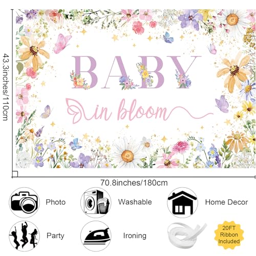 MEHOFOND Wildflower Baby in Bloom Backdrop for Girl Wildflower Baby in Bloom Decorations Banner Watercolor Golden Dots Butterfly Spring Floral Baby Shower Party Supplies Photography Background 6x3.6ft - size: 6x3.6ft