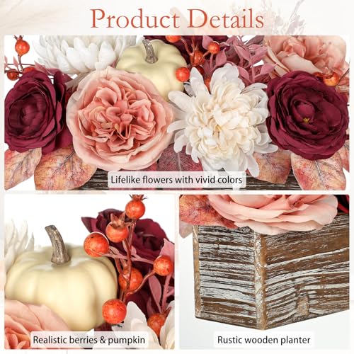 DILATATA Fall Decor Autumn Harvest Pumpkins Centerpiece - Artificial Rose Chrysanthemum Flowers Berries Arrangement in Rectangle Wooden Box for Thanksgiving Party Mantel Fall Decor - color: 12"l Burgundy&white