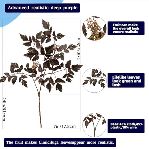 Artificial Flowers 24 Inches, Deep Purple Faux Bugbane Snakeroot for Vase Arrangements, Home Wedding Decor, Bendable Stems, Set of 3
