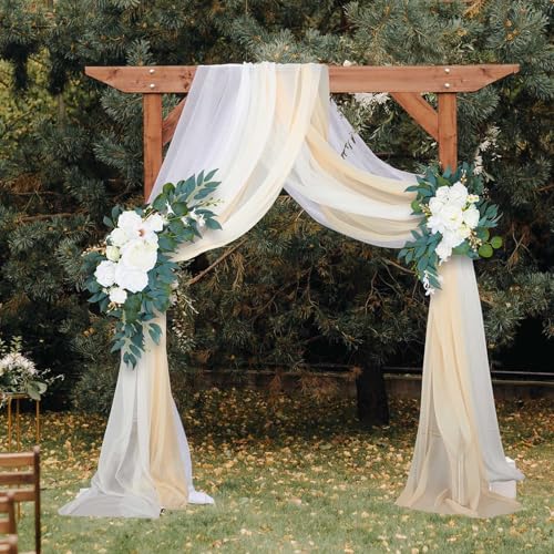 Thiccywoov 4 Pcs Wedding Arch Flowers and Drape Kit Include 2 Artificial Floral Swag and 2 White Chiffon Drapes, Faux Flower Set for DIY Wedding Party Reception Ceremony Backdrop Rose Decoration - color: Beige