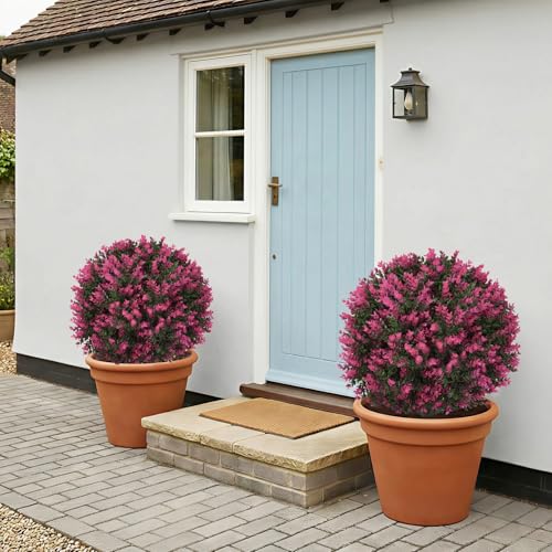 Artificial Red Eucalyptus Topiary Ball Trees 24", Lush Dense Foliage Fake Plants Pair with Ground Spike, UV Resistant Faux Evergreen Plants for Outdoor Indoor Planters Front Porch - color: Rose