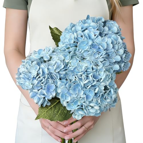 3 Pcs Real Touch Hydrangea Artificial Flowers, Pet-Safe 3D Latex Blue Hydrangeas, Faux Flowers for Wedding Centerpiece Bridal Shower Home Decor Bedroom Nightstand Baby Shower - color: Blue