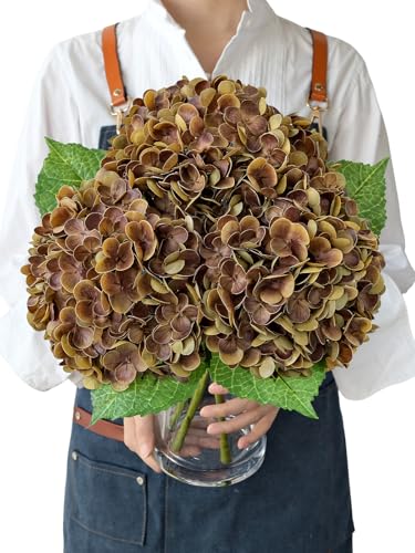 JINWOE Yellowish Brown Fall Hydrangea Artificial Flowers, 3PCS 21" Latex Large Real Touch Flowers, Faux Silk Flowers Fake Hydrangeas with Stems for Bouquet Table Centerpieces Halloween - color: Yellowish Brown, size: 3pcs