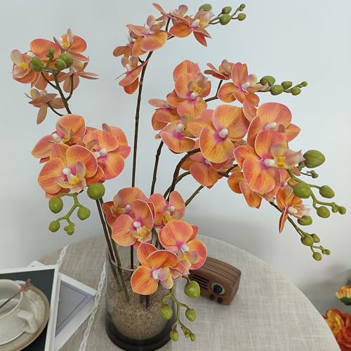 ATFL 8 Pack Orange Orchid Artificial Flowers Real Touch, 22'' Artificial Fake Faux Silk Sunset Red Orchid Stem Bouquets for Wedding Party Home Garden Decor,Orquideas Artificiales para Decora - color: Orange
