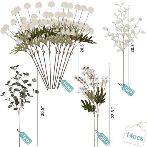Faux Pompon Mum Flowers - 14pcs Realistic Artificial Chrysanthemum Flower, Beige Silk Fake Kiku Blooms Flower Bulk with Eucalyptus Stems for Home Decor, Wedding Centerpieces, Floral Arrangements