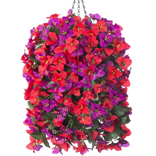 INSPRING Artificial Bougainvillea Faux Flowers Plants Baskets for Outdoor Outside Decoration, 3PCS Fake Silk Flowers Long Trailing Vines UV Resistant Realistic for Front Door Porch Patio (PurpleRed) - color: Purplered