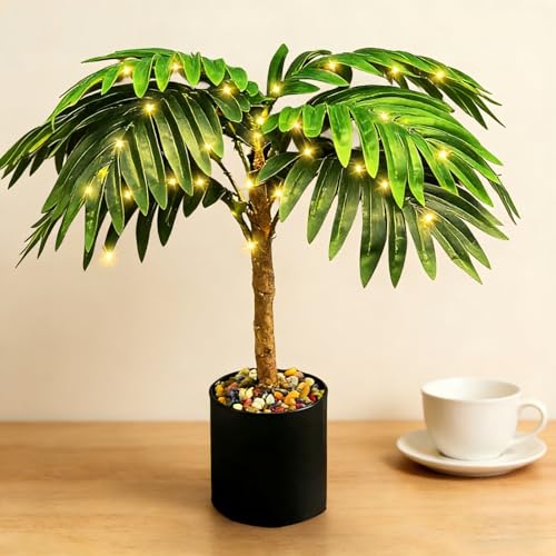 20-Inch Lighted Palm Tree Faux Plant, USB Battery Powered | LED palm leaf design, USB or battery powered, Indoor home decor, Artificial tropical plant, Living room accent - color: Palm Leaf