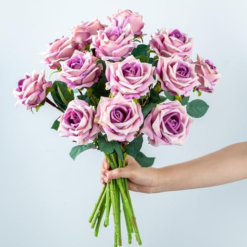Ttranewsoo Fake Roses Faux Flowers Silk Roses Artificial Roses with Stems Realistic Artificial Flowers 12PCS Suitable for Indoor Home Decoration DIY Bouquet Wedding Decor Party Decor Purple,16.5In - color: Purple 12pcs