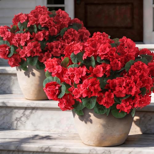 GLIDLION 12 Bundles Artificial Geranium Flowers for Spring Summer Decor, UV-Resistant Fake Plants Realistic Faux Silk Bouquets for Front Door Farmhouse Garden Porch Home Outdoor Decor (Red) - color: Red