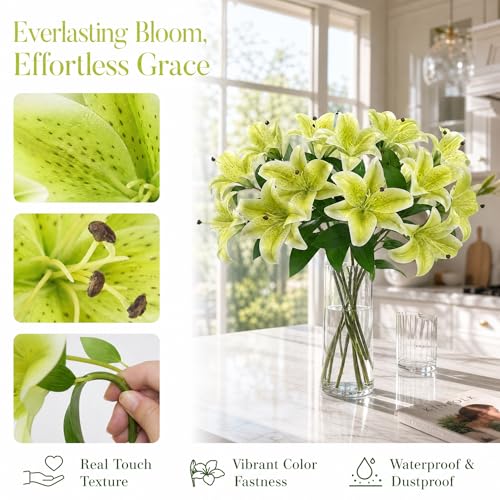 Artificial Lilies Flowers,10Pcs Faux Lily Flower,20''Tiger Lily Branch with 2 Full Blooms, Faux Fake Lilies Plants for Wedding Bouquet Home Party Indoor Floral Arrangements (10, Green) - color: Green