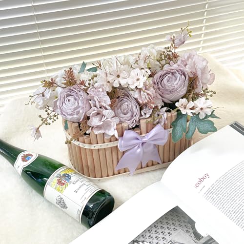 Dining Table Centerpiece Decor - Pre-Made Artificial Flower Arrangement Fake Floral with Wooden Vase for Farmhouse Kitchen Bathroom Living Room Decorations (Purple-White) - color: Purple-white