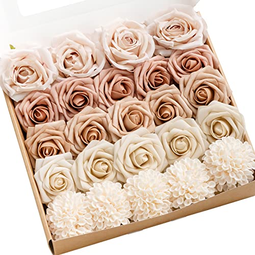 Ling's moment Artificial Flowers Fake Silk Roses Faux Foam Dahlia Combo for DIY Wedding Bouquets Centerpieces Arrangements Bridal Shower Party Home Decorations, Morandi Peach & Cream, 24pcs - color: Pk-morandi Peach & Cream