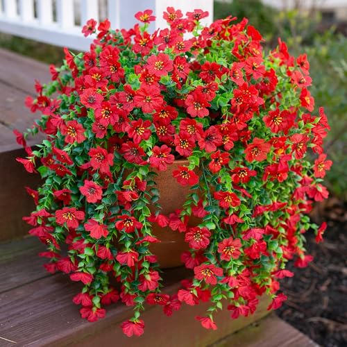 INSPRING Artificial Faux Outdoor Outside Flowers Plants, 2 PCS Fake Silk UV Resistant Look Real Red Daisy Trailing Vines for Front Door Porch Planter Urn Patio Balcony Decoration - color: Red
