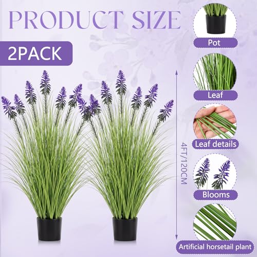 Jexine 2 Pieces 4 ft Artificial Tall Grass Plants Outdoor with Blue Cockscomb Flower Tall Artificial Grass Green Onions Plant Potted for Housewarming Gift House Garden Lobby Outdoor - color: Blue Cockscomb Flower
