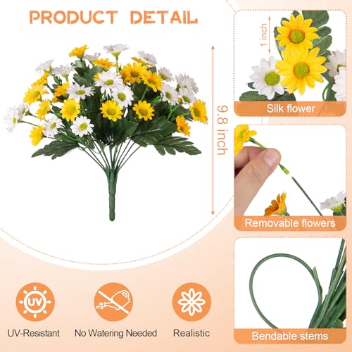 Ammyoo Fake Mums Artificial Flowers for Outdoor Decoration, 6 Bundles Faux Silk Daisy Flowers Realistic UV Resistant No Fade Fake Plants for Home Patio Porch Garden Window Box Decor(Yellow White) - color: Yellow White