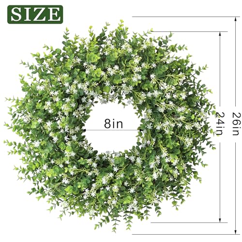 26" Artificial Eucalyptus Wreath with Baby's Breath for Front Door - Fake Eucalyptus Wreath, Spring Summer Faux Flowers Wreath for Porch, Farmhouse, Wall, Window, Home Decor (White-Green)