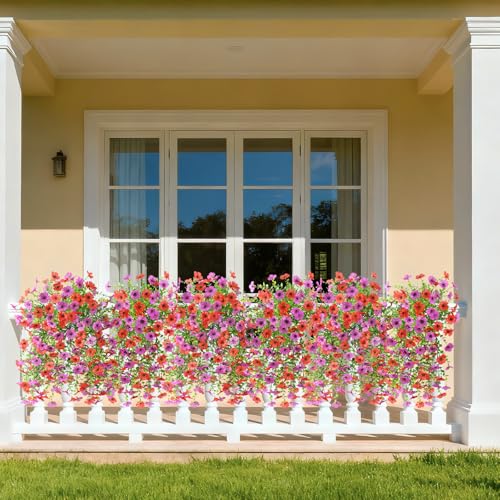 Homsunny Artificial Fake Hanging Flowers Plants for Outdoors 2 PCS Faux Silk Flower Outside UV Resistant No Fade Realistic Home Decor for Porch Patio Balcony Window Box Summer Decoration(Red Purple) - color: Red Purple