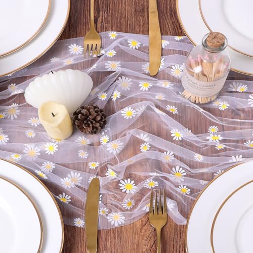 10FT White Daisy Summer Tulle Table Runner 120 Inch Seasonal Flower Sheer Gauze Table Runner Dining Birthday Party Wedding Christmas Holiday Decor for Home Party Decorations - color: White Daisy, size: 10 ft × 1 pc