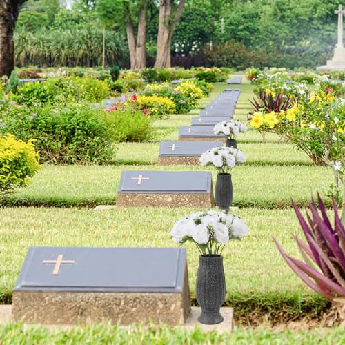 White Cemetery Flowers - 18 Silk Rose for Grave Decorations-Outdoor Memorial Grave Flowers for Cemetery - color: White