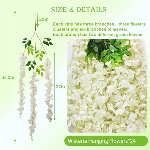 24 PCS Wisteria Hanging Flowers, 3.6ft Fake Wisteria Vines Artificial Wisteria Garland Silk Flower String for Wedding Arch Garden Party Home Ceiling Wall Backdrop Tent Decoration (White) - color: White, size: 24 Pack
