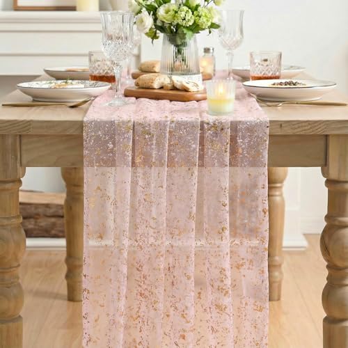 Artoid Mode Gold Gauze Pink Table Runner 120 Inch 10FT, Glitter Metallic Foil Sheer Dining Wedding Anniversary Holiday Birthday Table Decor for Home Party - color: Pink Gold, size: 28" x 120"
