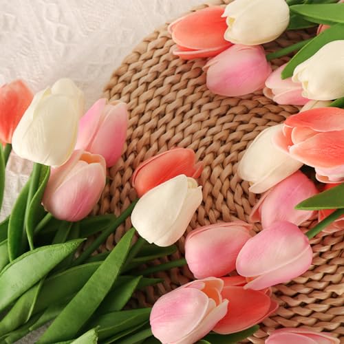 30pcs Tulips Artificial Flowers, Real Touch Fake Flowers Home Decor, Faux Tulips Bouquets Arrangements for Spring Easter Mothers Day Wedding Dining Room Table Decoration(3 Colors) - color: Cream & Pale Pink & Peach Pink