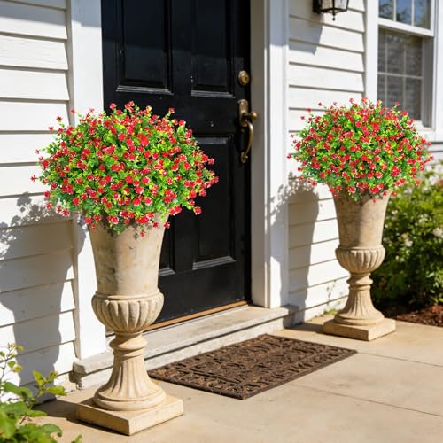 Roberly 24 Bundles Artificial Flowers for Outdoors, UV Resistant Eucalyptus Fake Flowers Shrubs Greenery Plastic Plants for Garden Porch Window Box Farmhouse Indoor Home Decor,Red - color: Red