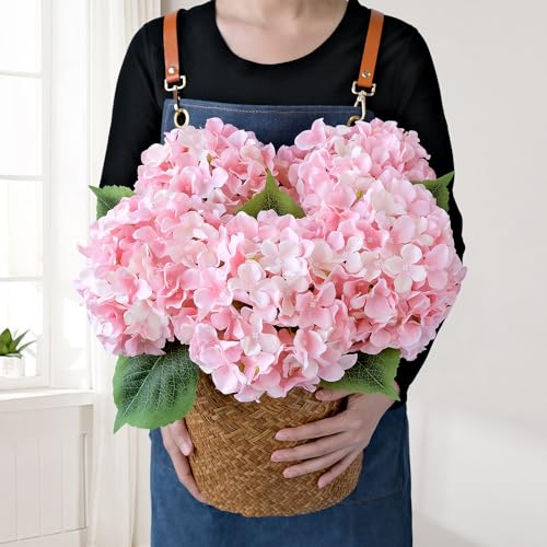 JINWOE Light Pink Flowers Silk Artificial Hydrangeas, 5Pcs 20Inch Lifelike Large Flowers with Stems, Full Artificial Flowers for Wedding Bouquet Table Centerpieces Spring Home - color: Light Pink
