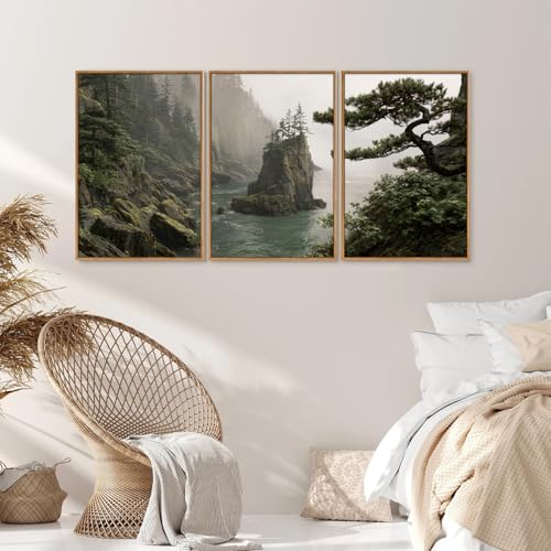 Rantodecor Coastal Forest Framed Canvas Wall Art, Pacific Northwest Coast landscape Wall Decor, Nature PNW Mountain Sea Art Paintings, Sage Green Pine Artwork for Bedroom Living Room Office 24"x36"x3 - color: Coastal Forest, size: 36"x24"