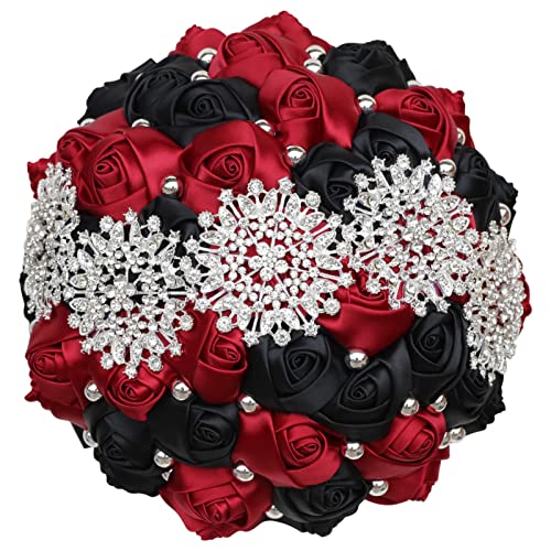 Dark Red and Black Bridal Wedding Bouquet with Luxury Bling Rhinestone Brooch Pearls Satin Rose Flower Bouquet for Bride Bridesmaid Quinceanera Bouquet Wedding 9.5in - color: ['Dark Red & Black'], size: Diameter: 9.5 inches