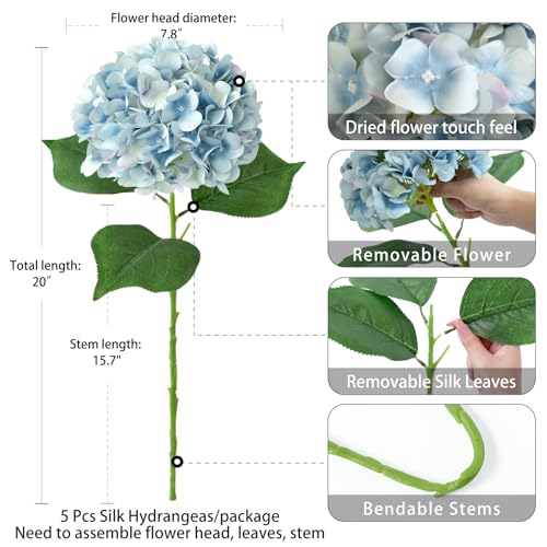 ZYTUYO 5 Pcs Light Blue Silk Hydrangeas Artificial Flower Boho 20'' Faux Hydrangeas for Spring Home Decor Kitchen Living Room Porch Wreath Indoor Outdoor Wedding Flower Arrangement - color: Light Blue