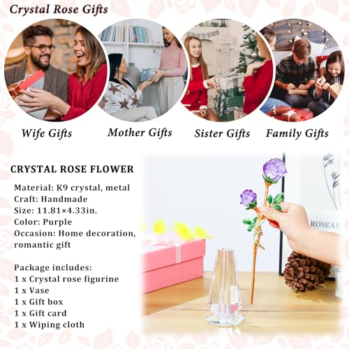 Arikyrist Purple Rose Flower Crystal Figurine with Vase, Handmade Bouquet Glass Flowers Ornament Rose Gifts for Wife Women, Crystal Flower Home Table Decor for Valentine Mother's Day Wedding - color: Purple 1