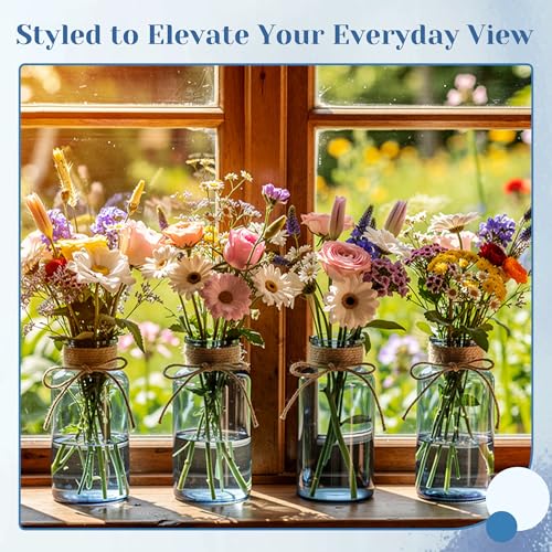 Glass Flower Vases for Centerpieces Boho Cylinder Bud Vases in Bulk Mason Jars for Weddings, Parties & Vintage Home Farmhouse (6, Blue) - color: Blue