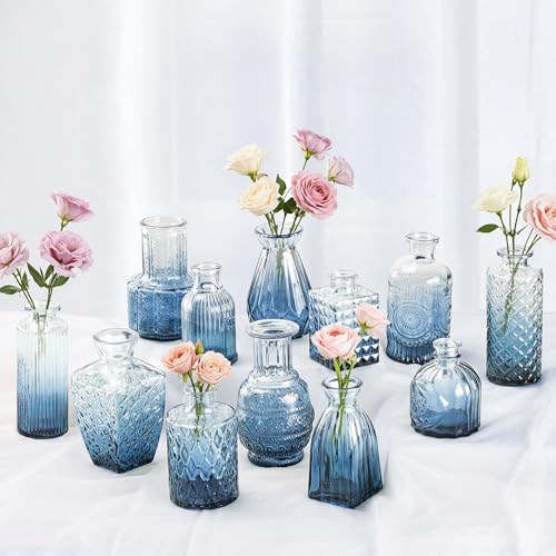 Babenest 12pcs Blue Small Bud Vase Set, Mini Gradient Glass Flower Vases in Bulk, Decorations Vintage Little Vase for Rustic Wedding Party Home Office Recepetion Centerpieces Table Decor - color: Blue, size: 12pcs