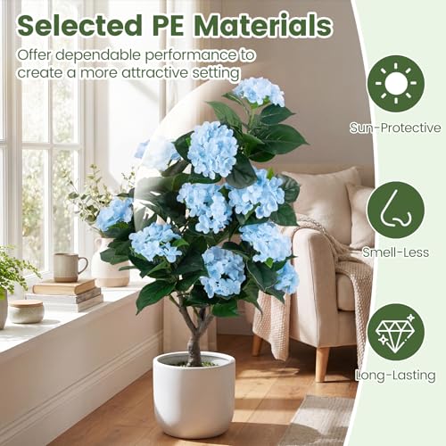 Goplus Artificial Hydrangea Tree, 2 Pack Fake Floral Plant w/11 White Flowers & Realistic Trunk in Plastic Nursery Pot, Indoor Silk Flower Tree for Home Office Living Room Housewarming Gift (Blue) - color: Blue
