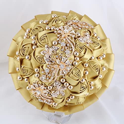 A Bunch Golden Bridal Wedding Bouquet Satin Rose Bouquet with Ribbon Diamond W306-20 Light Golden - color: Light Golden