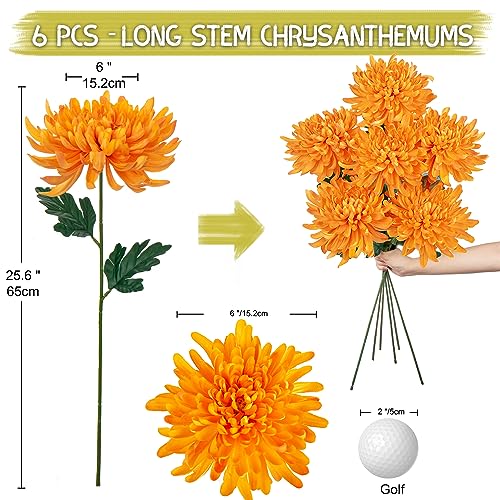 Briful 6 Pcs Orange Artificial Mums for Outdoors Fall – 25.6’’ Long Stem Faux Chrysanthemums, Large 6’’ Silk Fall Flowers for Wedding Bouquets, Centerpieces, Porch Décor, Indoor Home Decoration - color: Orange