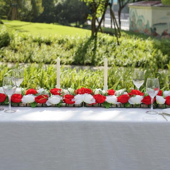 Tableclothsfactory 6 Pack Red Ivory Silk Rose Flower Panel Table Runner, Artificial Floral Arrangements Dining Table Decor - 20"x8"
