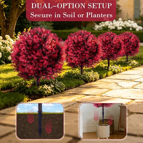 27.6 Inch Red Eucalyptus Topiary Ball Trees, 2 Sets Faux Boxwood Topiary with Spikes, Pot Filler Fake Shrubs Plants for Outdoor Planters, Round Topiary Bush Balls Front Porch Home Garden Spring Decor - color: Red Boxwood