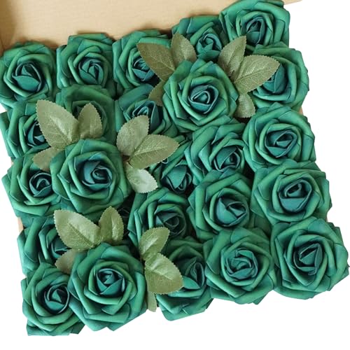 25pcs Dark Green Artificial Flower Foam Rose Real Touch Roses Flower Heads with Stem for DIY Wedding Bouquets Centerpieces Arrangements Party Baby Shower Home Decor (Dark Green) - color: Dark Green
