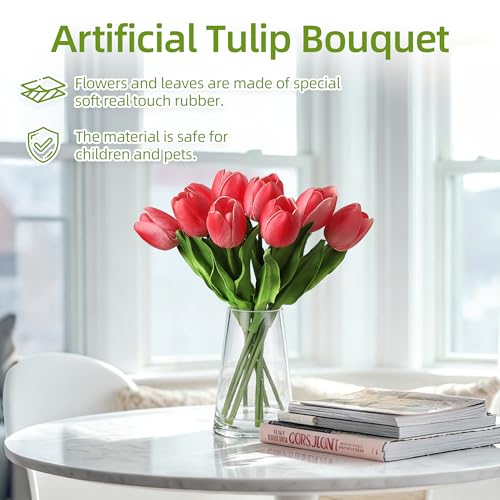10 Pcs Artificial Tulips with Glass Vase, Real Touch PU Fake Tulip Stems for Easter, Spring, Wedding Bouquet, Home Centerpiece Floral Arrangement, and Table Décor (Magenta Red) - color: Magenta Red, size: Tulip, with Glass Vase