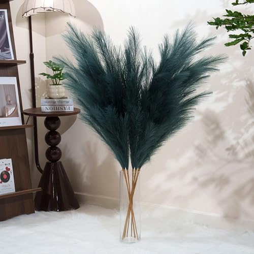 Premium Faux Dark Green Pampas Grass – 43.3" Tall Fluffy Decor, 8pcs 18-Branch One-Piece Stems No Assembly, Luxury Silk-Feel Feather Flowers for Boho Botanical Jungle Home Decor (Forest Green, 110cm) - color: Artificial - Dark Green, size: 8pcs 43.3"(110c