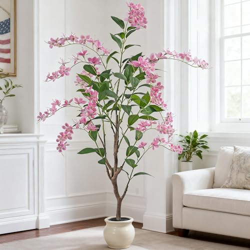 Artificial Jasmine Tree 5ft Beige Flower Pot Fake Trees, Lifelike Artificial Trees with Natural - Looking Blooms, Perfect for Any Space - size: 5ft