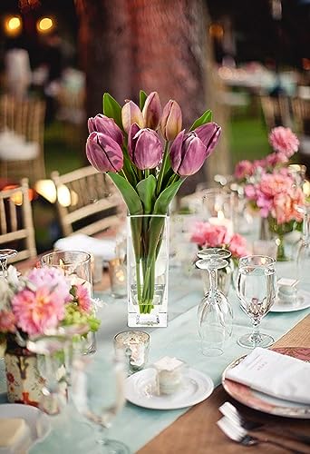 Briful Fake Flowers Artificial Tulip Flower Purple in Clear Vase, Real Touch EVA Tulip Arrangement Suitable for Home Office Fall Decoration, Dining Table Centerpiece - color: Palevioletred