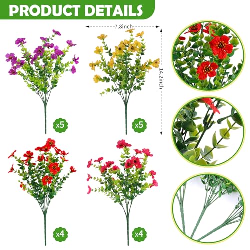 Rowfad 18 Pcs Artificial Daisy Flowers for Outdoors UV Resistant Fake Plastic Colorful Spring Flowers Faux Silk Plants for Outside Porch Easter Patio Home Decor (18, Red, Purple, Yellow, Rose Red) - color: Red, Purple, Yellow, Rose Red