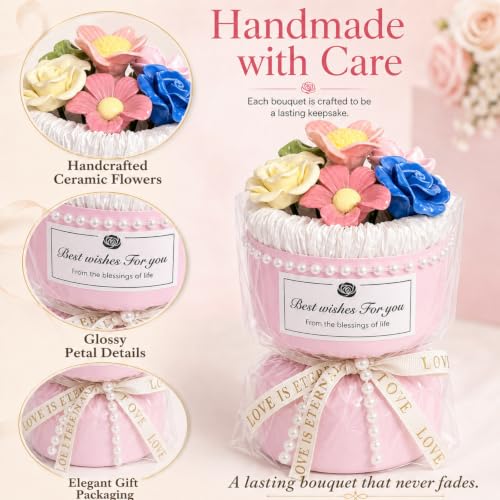 Porcelain Flower Bouquet - Handmade Ceramic Flowers Floral Arrangement, 6 Unique Blossoms, 6 inches Height, Shelf Living Room Decor, Ideal Gift for Mother’s Day, Birthdayr (Pink-Rose) - color: Pink-rose