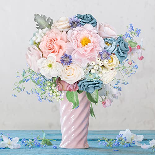 AmyHomie Blue Pink Artificial Flowers Combo Silk Mix Peony Rose Hydrangea Daisy Fake Flowers w/Stem for DIY Wedding Bouquets Centerpieces Arrangements Table Decor Party Bridal Baby Shower Home Decor - color: Blue Pink