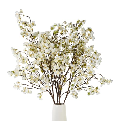 6 Pcs Artificial Cherry Blossom Flower Branches, Realistic Long Stem Silk Cherry Blossom Tree Stems Faux Cherry Flowers Vase Arrangements for Wedding Home Party Garden Decor (White) - color: White